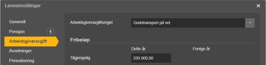 Arbeidsgiveravgift-fanen: Fribelop satt til 250 000,00 for inneværende år