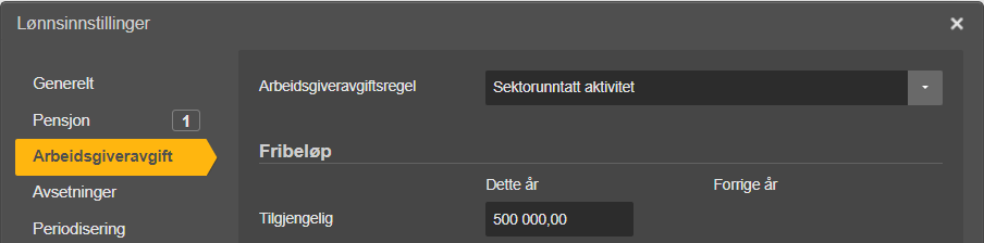 Lønninstillinger: Arbeidsgivergift med Fribeløp Dette år 500 000,00 og Forrige år