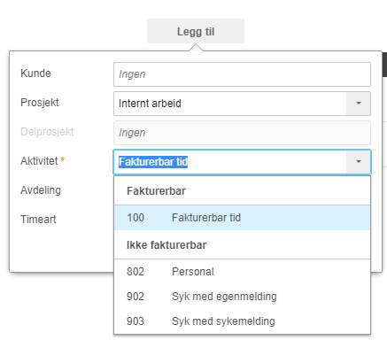 Tidsregistrering — Legg til med Aktivitet-dropdown: Fakturerbar linje, 802 Personal, 902/903 Syk