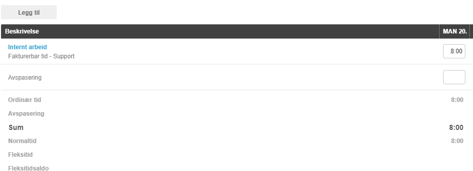 Tidskjema: Internarbeid 8:00 timer, Fakturekerbar tid-Support, Sum 8:00, Normaltid 8:00