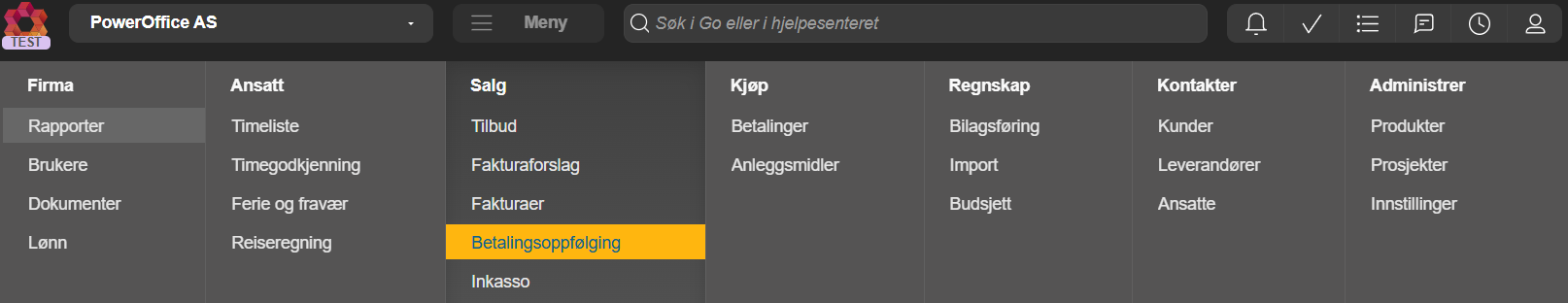 Salg-meny i PowerOffice Go: Tilbud → Fakturaforslag → Fakturarer → Betalingsoppfølging (uthevet) → Inkasso