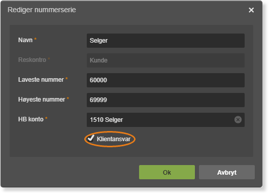 «Rediger nummerserie»-dialogboks: Navn=Sølger, Kunde, nummer 60000–69999, konto 1510, Klientsansvar avmerket