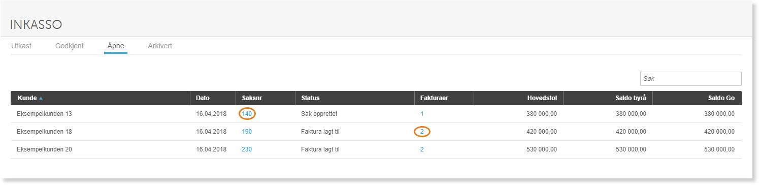 Åpne-fanen: tre inkassosaker med status, saksnumre, fakturabeløp og hovedstolbeløp