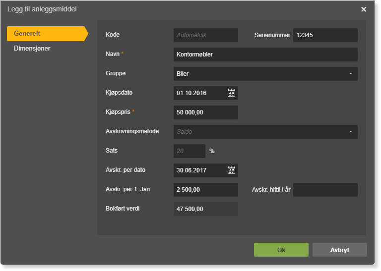Dialogboks Legg til anleggsmiddel med Kjøpspris 50 000, Sats 20%, Avskr. per 1. jan 2 500