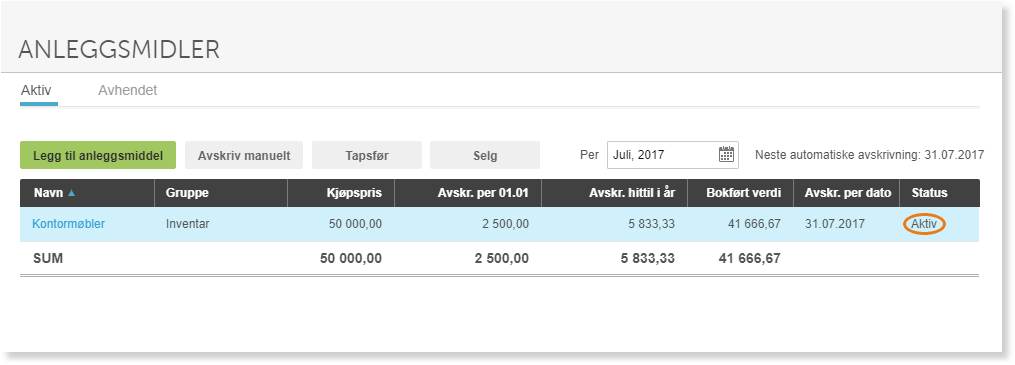 Anleggsmidler-tabell med Konformøbler: kjøpspris 50 000, avskrivning 2 500, bokført verdi 41 666,67, status Aktiv