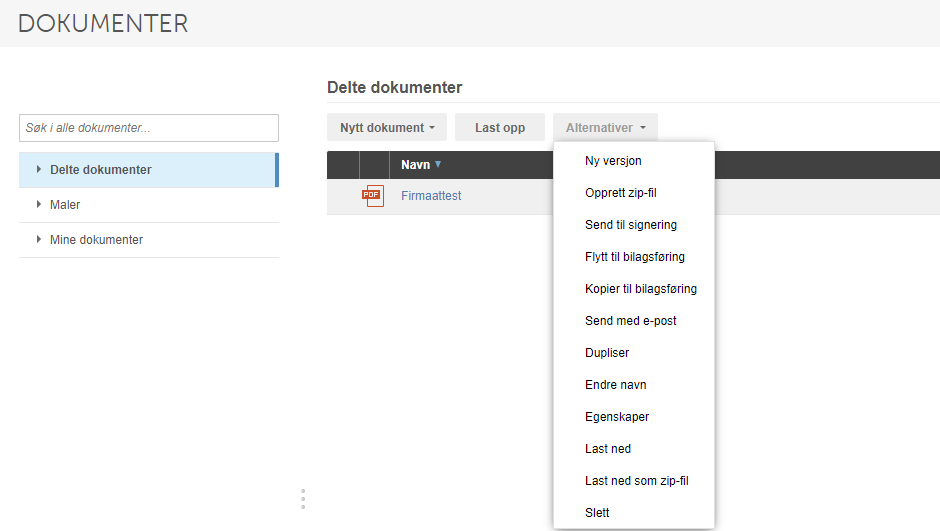 Slettede dokumenter: Firmatestest-dokument → Alternativer-meny (Ny versjon, zip, signering, bilagsføring, dupliser, egenskaper)