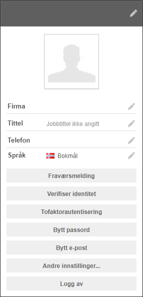Kontaktprofil med firma-, tittel-, telefon- og språkfelt (Bokmål), samt handlingsknapper for passord, e-post og verifisering