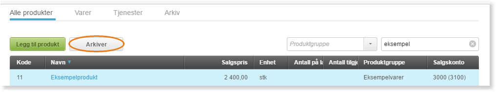 Produktarkiv: eksempelprodukt, pris 2 400 stk, gruppe Eksempelvarer, konto 3000