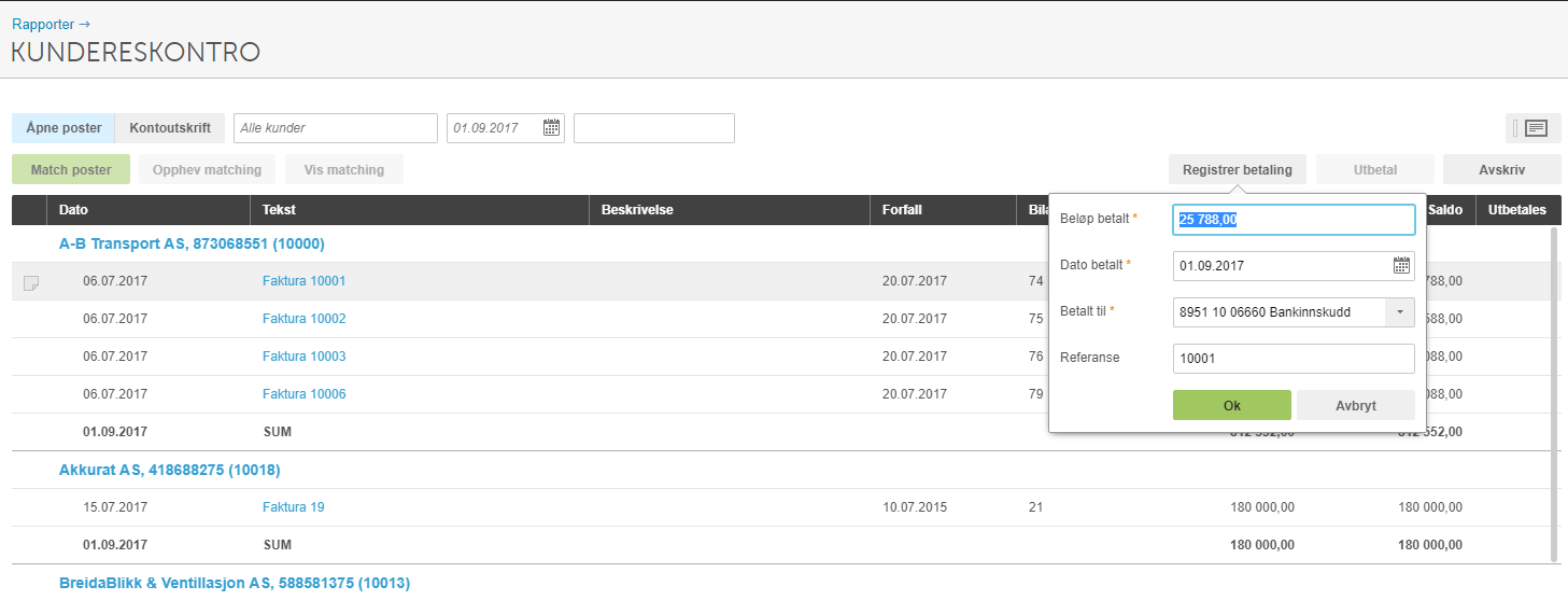 Registrer betaling-dialogboks: 25 788,00 kr, dato 01.09.2017, konto 8951 10 06660, ref. 10001
