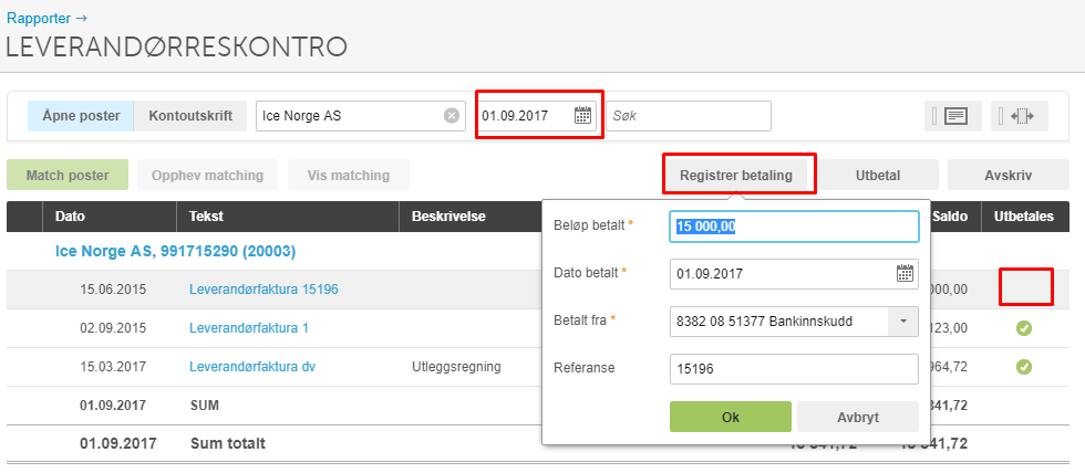 Dialogboks Registrer betaling: beløp 15 000,00, dato 01.09.2017, ref. 15196, Ok-knapp