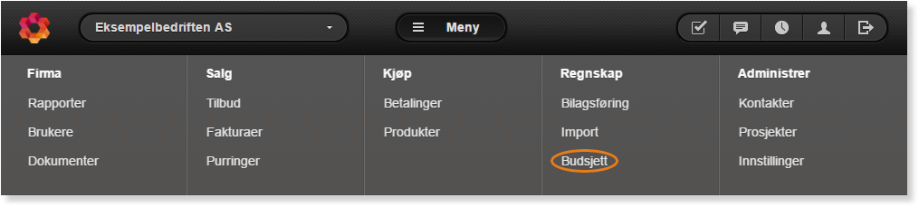 Hovedmeny: Firma, Salg, Kjøp, Regnskap (Budsjett markert), Administrer