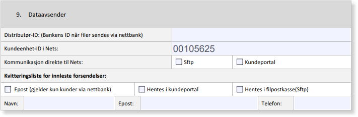 Datavasender-seksjon: Nets-ID 00105625, avmerkinger for Sfp/Kundeportal og kvitteringsliste via epost/portal