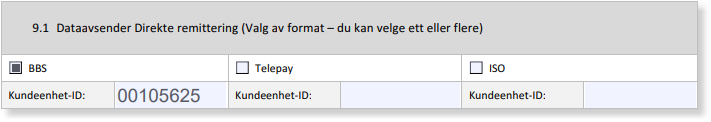 Datavaskende direkteremitering: BBS valgt med Kundeenhets-ID 00105625, Telepay og ISO alternativer