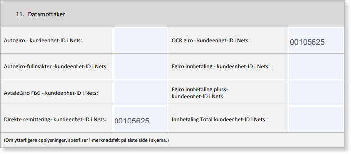 Datamottaker-tabell: Autogiro, OCR giro, AvtaleGiro FBO og Egiro-integrasjoner med kundeenhet-ID 00105625 i Nets
