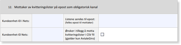 Innstillinger Mottaker kvitteringslister: Kundeenhet-ID-felter og avkryssingsboks for CSV-fil