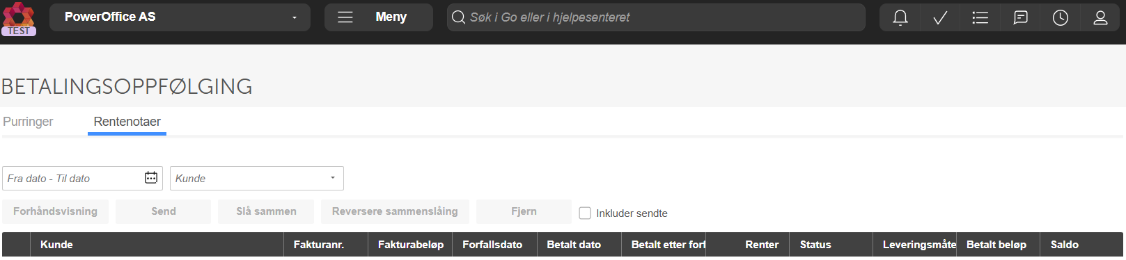 Betalingsoppfølging → Rentenotaer med datofilter, Kunde-dropdown og Send-, Reversere-, Fjern-knapper