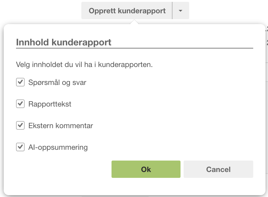 Dialogboks Innhold kunderapport med fire avkryssede alternativer og Ok/Cancel-knapper