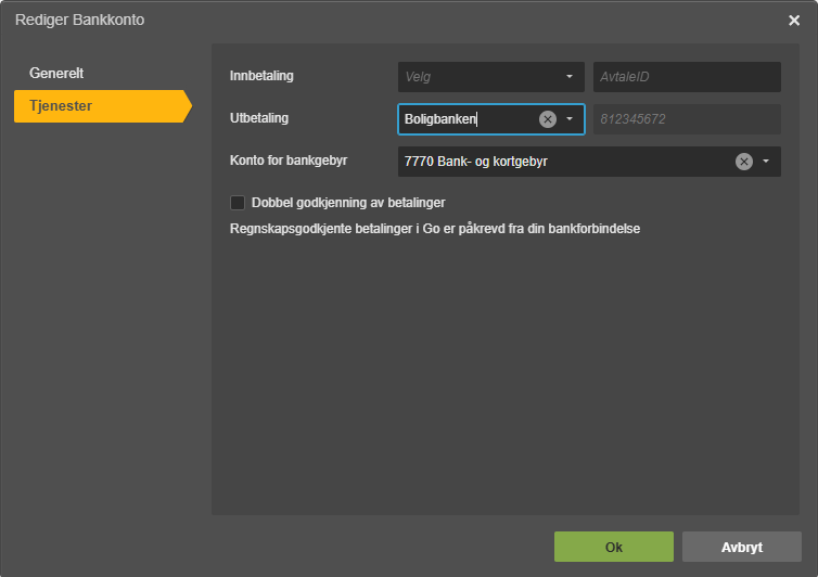 Rediger Bankkonto-dialog: Inbetaling Velg, Utbetaling Boligbanken, Konto 7770 Bank- og kortgebyr