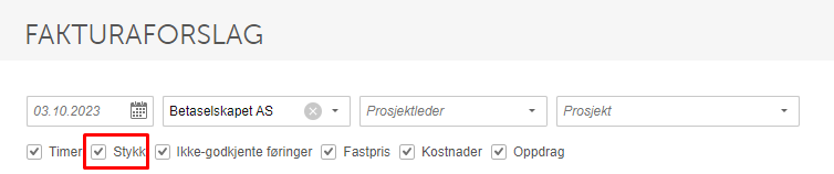 Fakturaforslag-filter: 03.10.2023, Betaselskapet AS, med Timetakst rødt markert og seks andre avmerkingsalternativer
