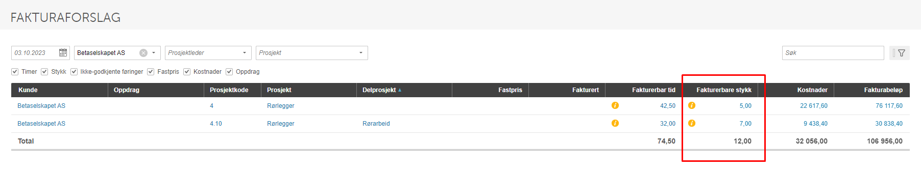 Fakturaforslag 03.10.2023 Betaselskapet AS: Fakturarbeidet-kolonne markert, 12,00 timer totalt