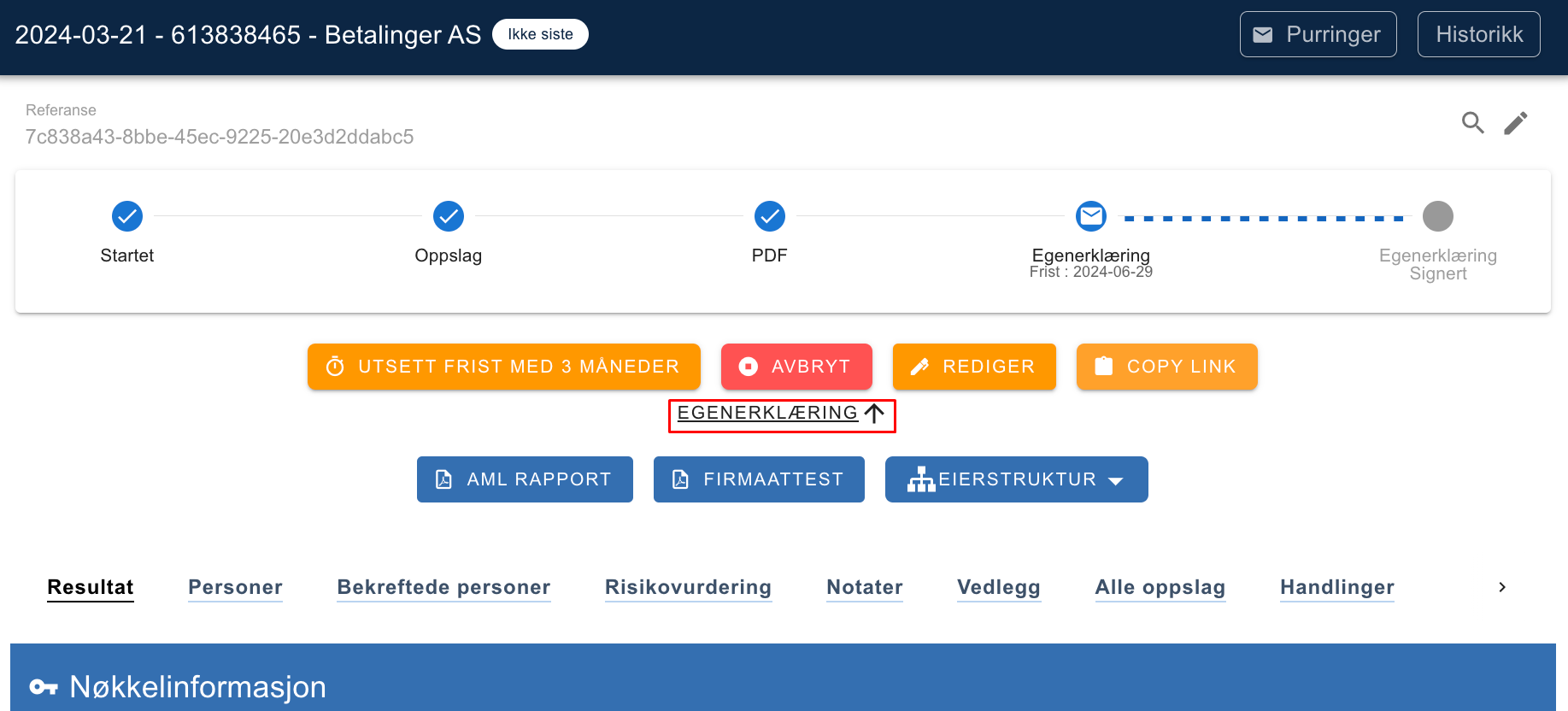Fakturadetaljside: Startet → Oppslag → PDF fullført. Knapper: Utsett frist 3md, Avbryt, Rediger, Copy link. Egenerklæring venter signering.