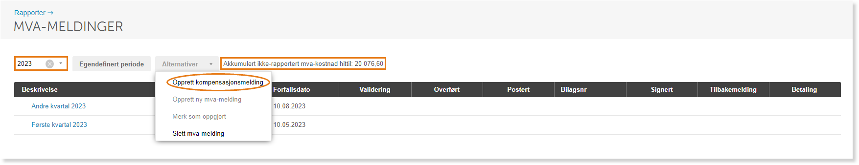 Mva-meldinger 2023 med åpen action-meny: Opprett kompensasjonsmeldinger, ny melding, merk oppgjørt, slett