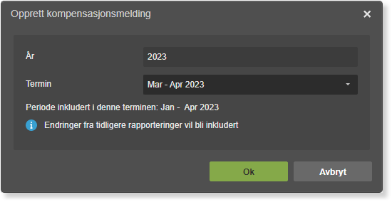 Dialogboks kompensasjonsmelding: År 2023, Termin Mar–Apr 2023, periode Jan–Apr 2023