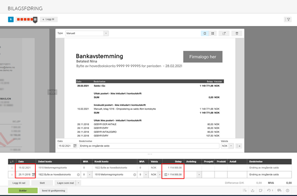Bankavstemmingsdialog: Periode 28.02.2022, avstemmingstabel med posteringer og differansefelt markert rødt