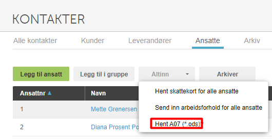 Ansatte-fanen: feilmelding «Hent A07 (*.ods)» med alternativer for arbeidsforhold/skattekort-utsendelse