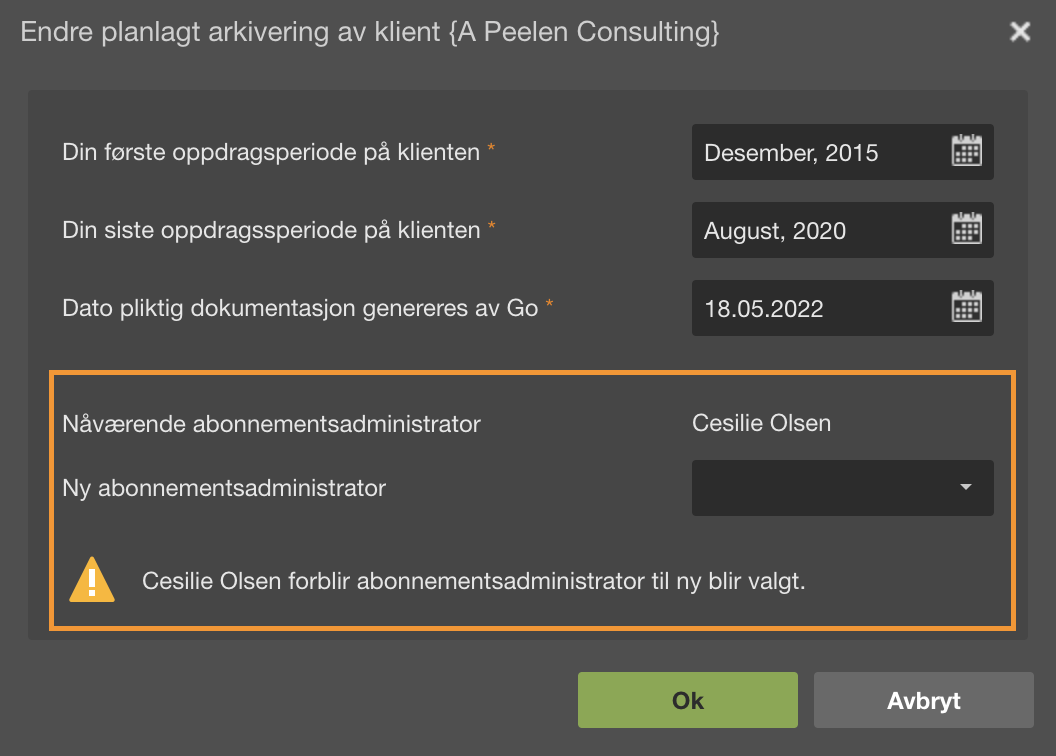 Endre arkivering Peelen Consulting: tre datofelt, advarsel Cesilie Olsen → ny administrator. Ok/Avbryt.