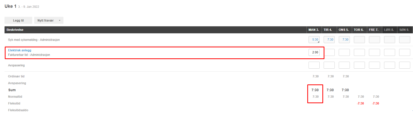 Timeliste Uke 1 (3–9 jan 2022) med arbeidsoppgaver, timer per dag og rødt markert avvik på 7:30 timer