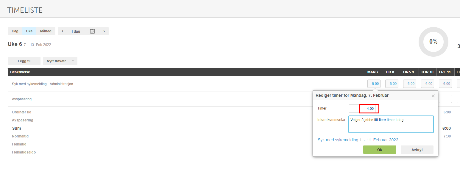 Rediger timer-dialogboks: Timer 4.00, intern kommentar-felt, Ok/Avbryt-knapper