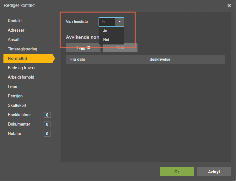 Rediger kontakt, Normaltid-fanen, "Vis i timeliste" dropdown med Ja/Nei valg