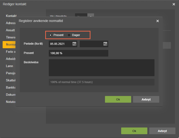 Dialogboks: Registrer avvikende normalid → Posent 100% for 05.05.2021 (37,5t) → Ok