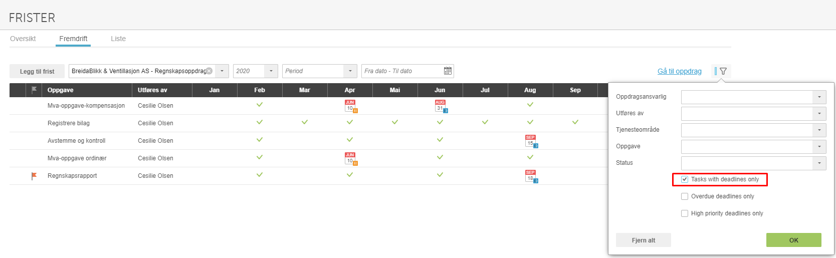 Fristmodul: oppgaveliste gantt-visning januar–september 2020, høyre filter med «Tasks with deadlines only» aktivert
