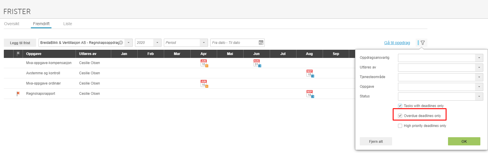 Gantt-diagram: mva-oppgaver → avstemminger → rapport (jan–sep). Filter: Overdue deadlines only aktivert.