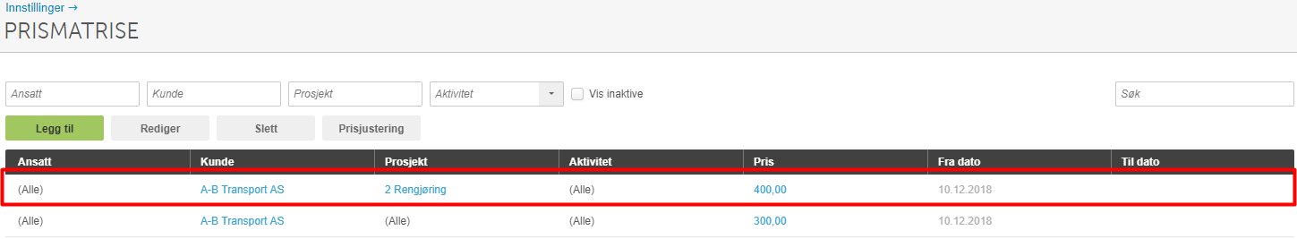 Prismatrise-tabell: A-B Transport AS, Rengjøring 400,00, 10.12.2018. Legg til-knapp og Redigering-fane synlig.