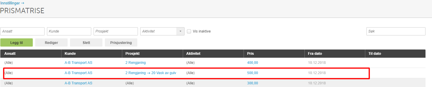 Prismatrise-tabell: rad markert med rød grense for A-B Transport AS, pris 500,00, 10.12.2018