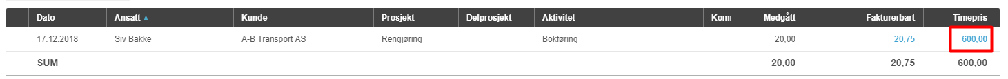 Timeseddel 17.12.2018: Siv Bakke, A-B Transport AS, Bokføring, 20,00 time, 600,00 kronr markert