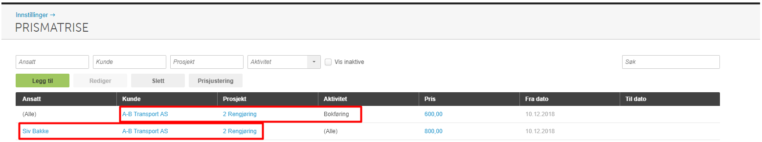 Prismatrise-liste: A-B Transport AS, Bokeldering 600 kr, Siv Bakke 800 kr, gyldig fra 10.12.2018
