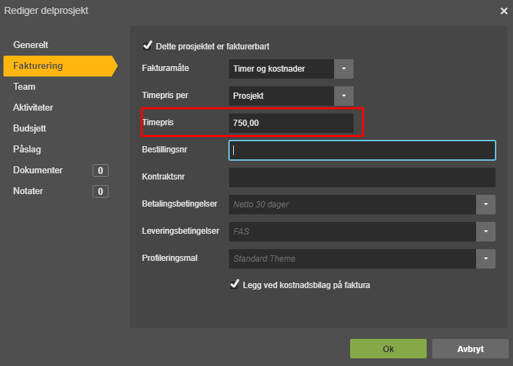 Rediger delprosjekt → Fakturering: Timepris 750,00 kr, Netto 30 dager, FAS