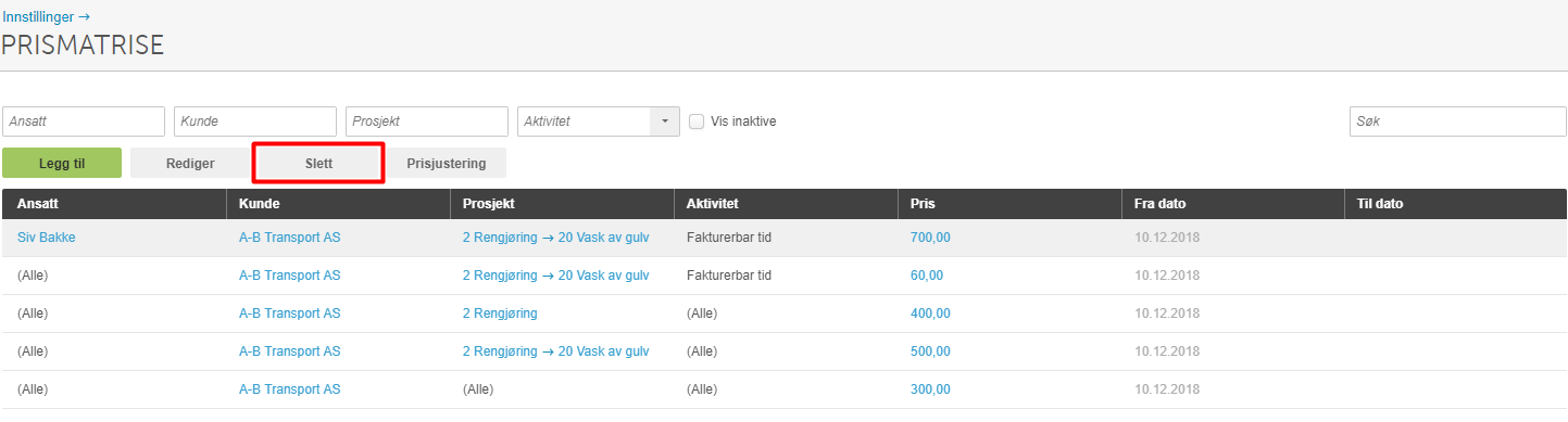 Prismatrise med Slett-knapp markert, tabell viser priser for A-B Transport AS med aktiviteter og datoer