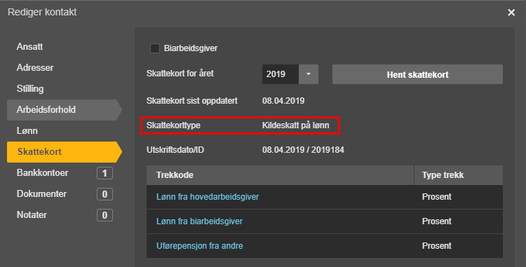 Skattekort 2019: Skattekorttype-felt merket rødt, mangler Kildeskatt på lønn. Trekkoder listet.