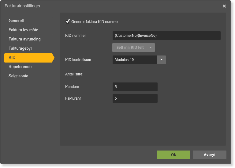 KID-innstillinger: Faktura → KID-nr aktiv, format {CustomerNo}{InvoiceNo}, Modulus 10, 5 siffer
