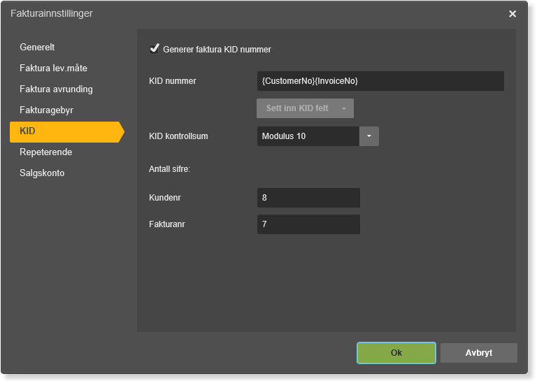 Fakturainnstiinger → KID-fane: KID-generering aktivert, format {CustomerNo}{InvoiceNo}, Modulus 10, 8+7 siffer
