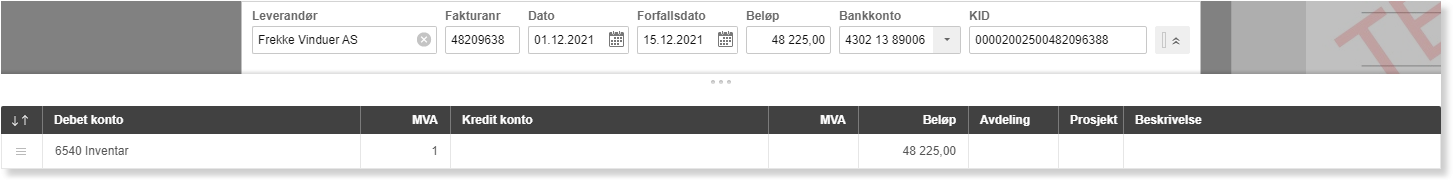 Fakturapostering: Frekke Vinduer AS 48.225 kr, debet 6540 Inventar, dato 01.12.2021