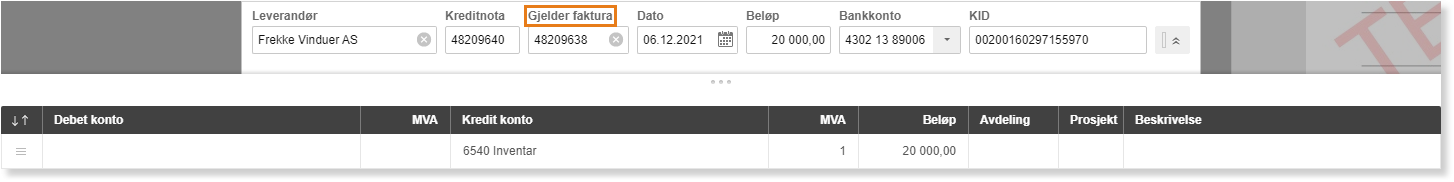 Leverandørfaktura Frække Vinduer AS datert 06.12.2021 for 20 000,00 med posteringslinjer debet/kredit