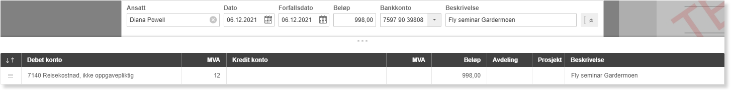 Bogføringslinje: Diana Powell, reise 06.12.2021, 998 kr debet konto 7140 Reisekostnad MVA 12