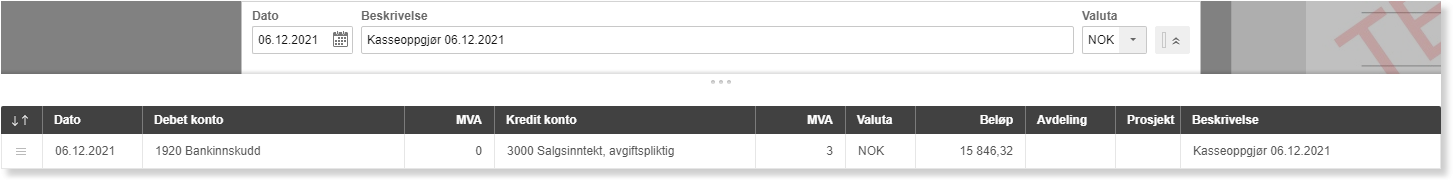 Kasseoppgjør 06.12.2021: debetkonto 1920 Bankinnskudd, kredittkonto 3000 Salgsinntekt, beløp 15 846,32 NOK