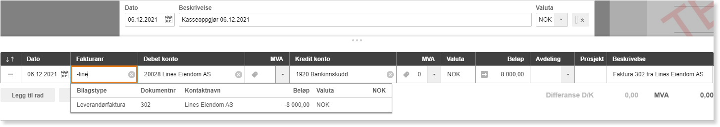 Kasseoppgjør 06.12.2021: debet konto 20028, kredit 1920 Bankinnskudd, 8.000 NOK, faktura 302